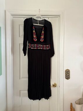 Free People Black Floral Embroidered Long Sleeve Midi Dress